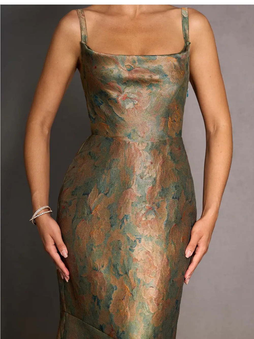 Azazie Floral Brocade Maxi Dress in Green and Gold